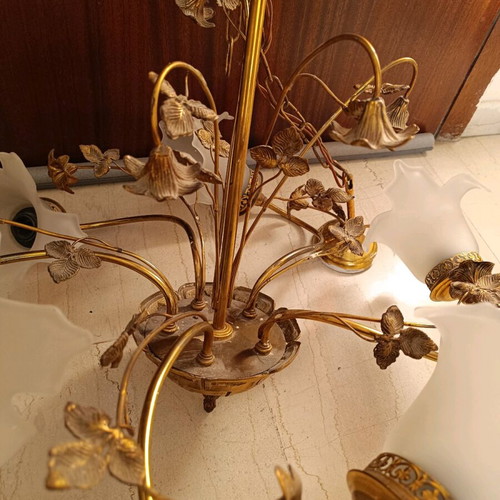 Antique ceiling light used, brass with floral decoration