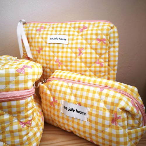 Set of 3 Quilted Makeup Bags Yellow Plaid with Pink Bows