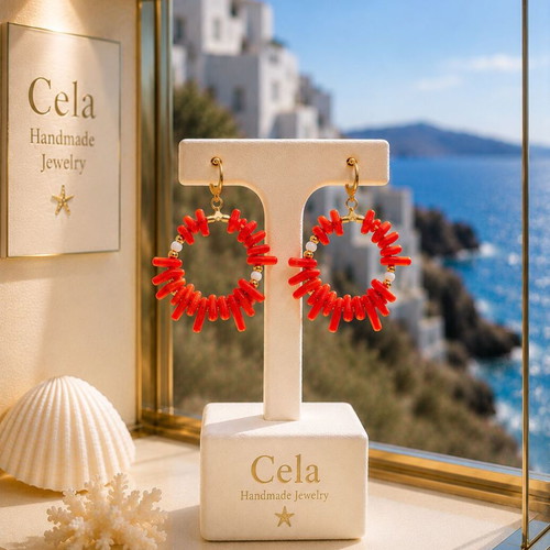 Handmade Hoop Earrings with Natural CORALS. Steel clasp hoop