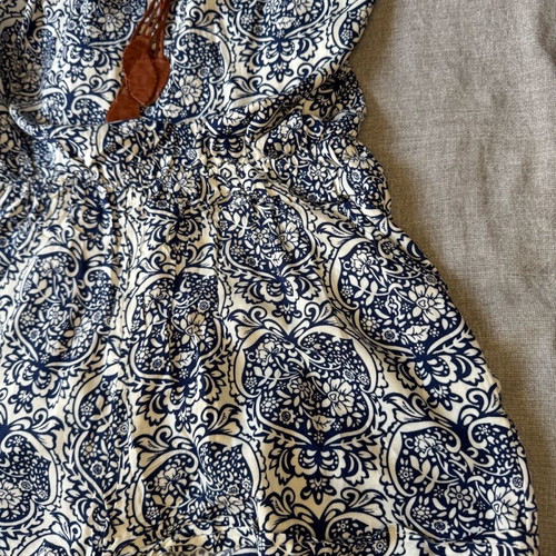 Playsuit printed short romper like new, blue white with leather straps