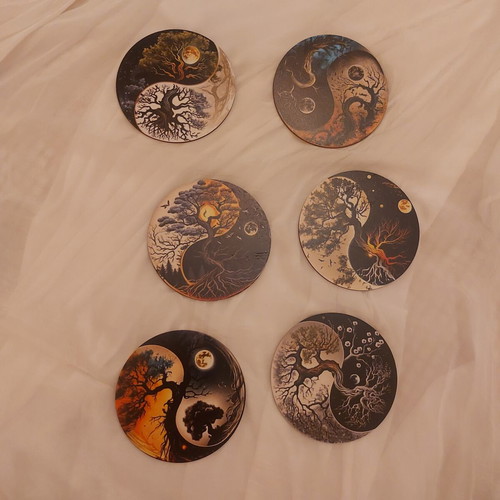 Tree of Life Yin Yang Wooden Coaster Set of 6 like new