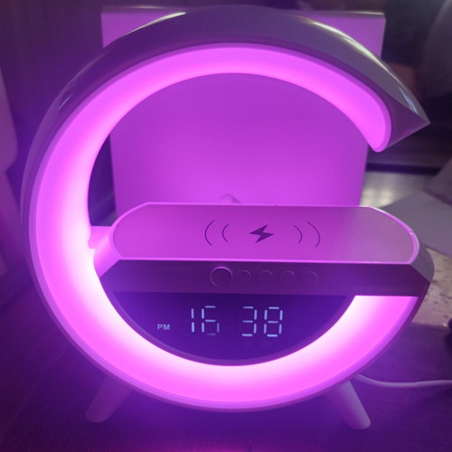 Led RGB clock shaped G with wireless charging and speaker new