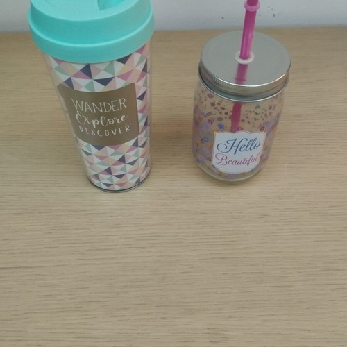 Shaker with Lid and Glass Jar with Straw Like New