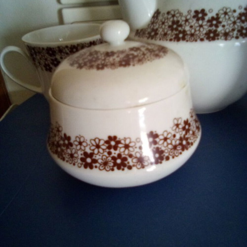 Tea set used with teapot, sugar bowl, creamer and two cups Ionian porcelain
