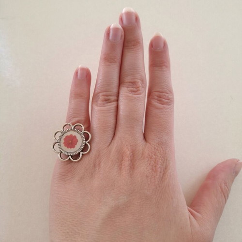Silver adjustable handmade ring with flowers small