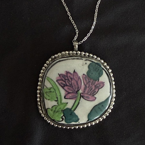 Vintage Chinese Porcelain Shard Pendant with Pink Lotus Motif used