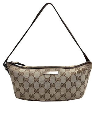 Gucci GG Boat καμβάς και δερμάτινη τσάντα ώμου μεταχειρισμένη, μπεζ και καφέ
