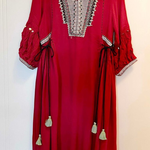 W Indian brand dress, red with decorative embroidery and tassels, size M