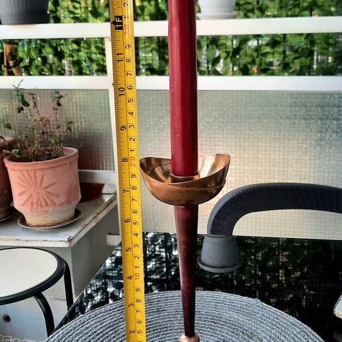 Vintage brass candlestick 20cm with burgundy enamel, excellent condition