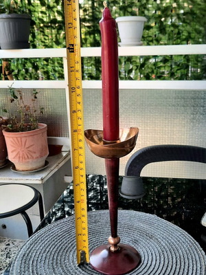 Vintage brass candlestick 20cm with burgundy enamel, excellent condition