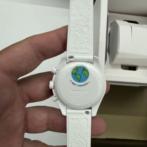 Swatch Omega Mission to Earthphase Moonshine Gold watch, white