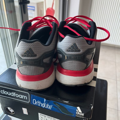 Adidas grey athletic shoes with red details, size 43 1/3