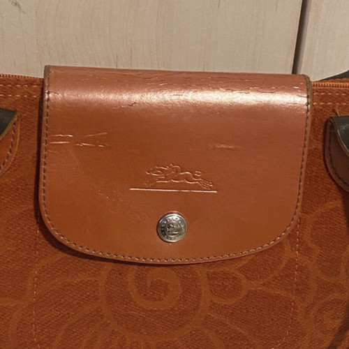 Longchamp orange tote bag shoulder used, soft velvet texture