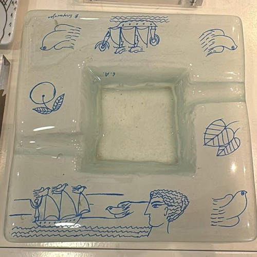 Sperantzas decorative plate and ashtray E.A. silk screen printing, new