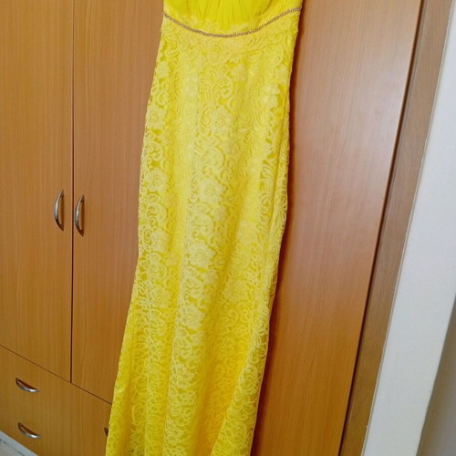 Maxi yellow evening dress with lace and strass, like new, size L/XL