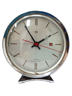 Vintage Shanghai mechanical alarm clock, black body, chrome edge