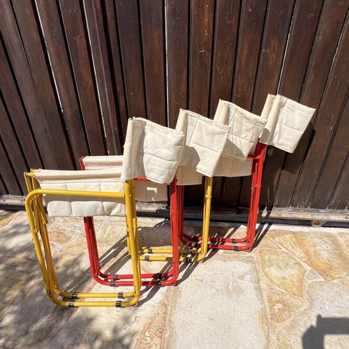 Set of 4 folding canvas chairs, metal frame, yellow and red
