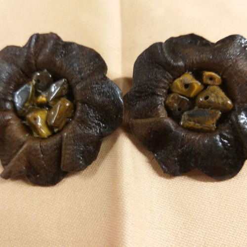 Earrings handmade with leather and tiger's eye quartz like new, brown and gold