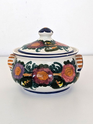 Handmade Skyros ceramic pot with lid used, floral design