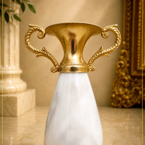Amphora vase with gold metal details and marble body, retro decor
