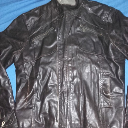 FDN leather jacket XL used with hood, beige brown