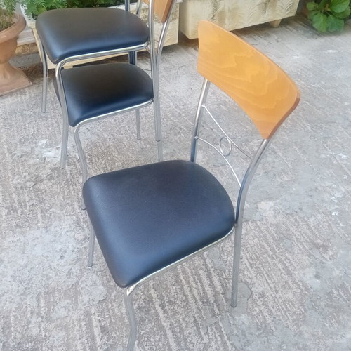 Dino dining chairs set of 3 used, metal frame and black leather