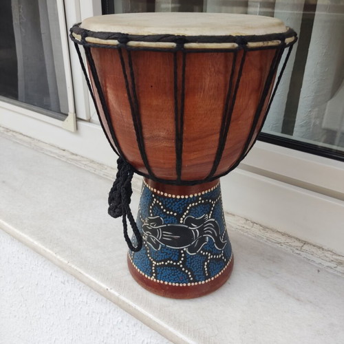 Djembe drum used, traditional carved wood, 30cm height