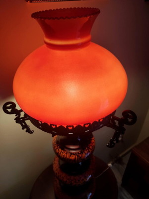 Porcelain table lamp used with brass wreath and orange opaline glass