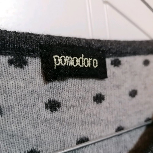 Pomodoro wool cardigan used, size S-M, grey with polka dots, 3/4 sleeve