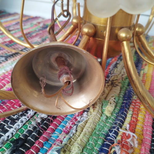 Vintage ceiling light set 2 pieces brass and opaline glass flowers used