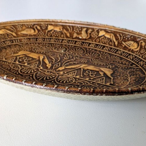 Vintage glass decorative platter used with painted embossed design
