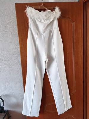 White women's one-piece jumpsuit with feathers like new, size M