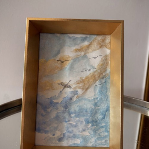 Golden Blue Horizon handmade watercolor painting in frame