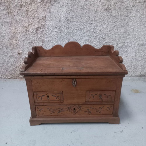 Greek carved wooden chest used, antique with decorative motifs and drawers