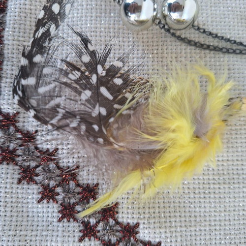 Long necklace new with feathers and yellow beads