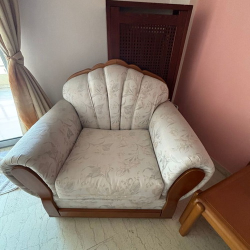 Living room furniture set used with sofa, armchair, covers, and table