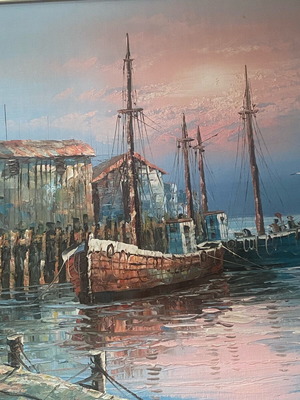 Oil painting of harbor sunset with gold frame new