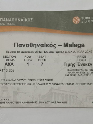 Panathinaikos Basketball Ticket Euroleague 2012-2013 season like new