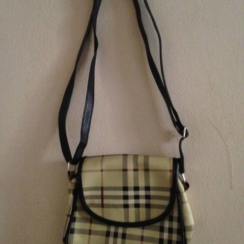 Crossbody bag used with classic check print, black and beige