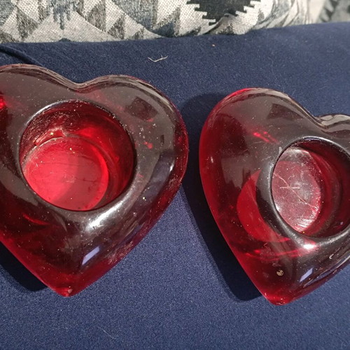 Heart-shaped tealight holders used, set of 2