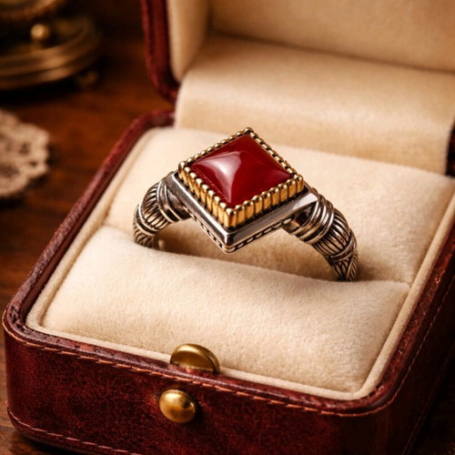 Vintage Gerochristo ring with carnelian used, 925 silver and gold details