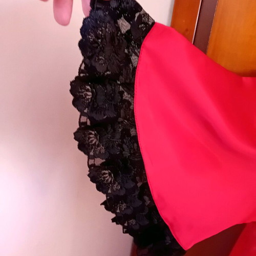 Satin robe and nightgown set with black lace, like new, red by Rachel