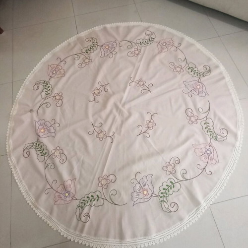 Tablecloth with lace used, embroidered floral design, beige