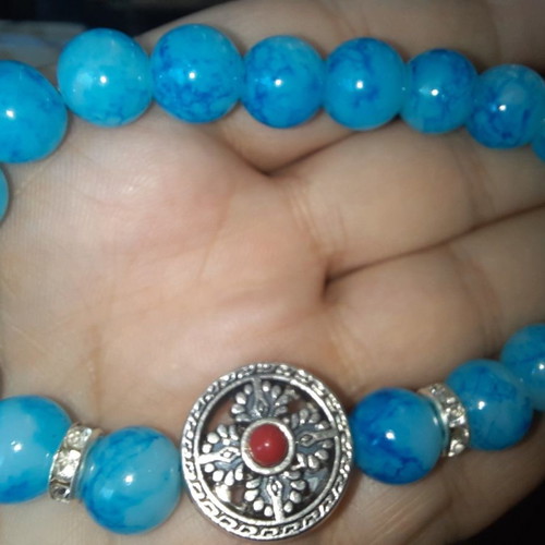 Bracelet with blue Haolite semi-precious stones, metal cross and beads new