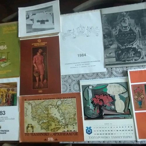 Old calendars used with images and large map of Greece