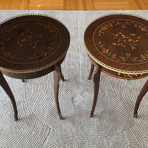 Louis Kenz round coffee tables used, marquetry, set of 2