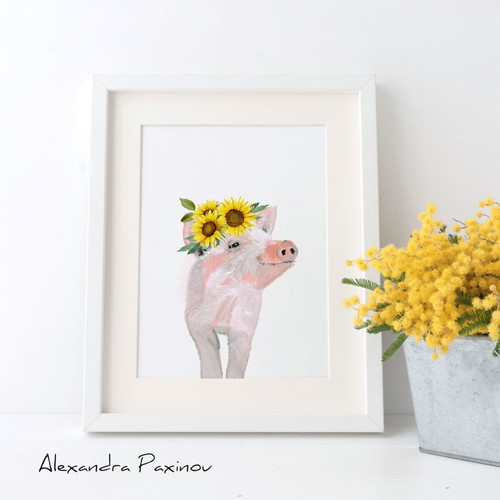Piglet poster with sunflowers new for kids room decor