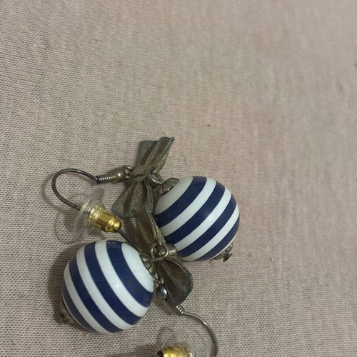 Navy striped earrings used, white and blue with decorative iron ribbon