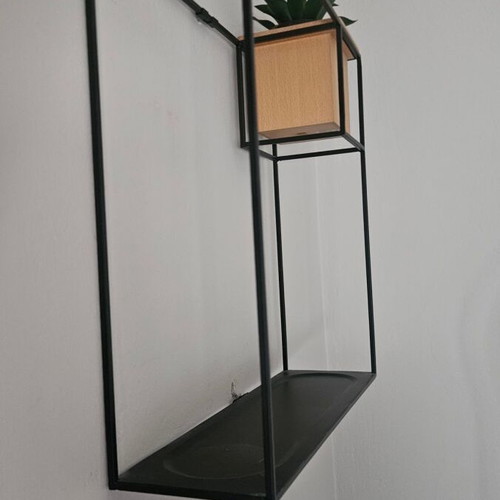 Cubist wall shelf used, black with wooden cup