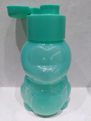 Tupperware kids water bottle used, turquoise, dinosaur shape